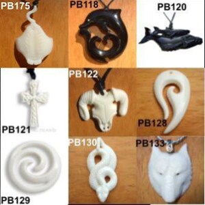 May include: A collection of nine pendants made from bone and wood. The pendants feature various designs, including a stingray, dolphin, whale, cross, ram skull, spiral, snake, and wolf. The pendants are all on black cords.