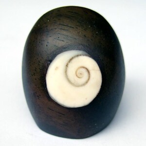 May include: A dark brown wooden ring with a white nautilus shell inlay. The shell is a spiral shape with a white and brown pattern.
