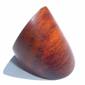 May include: A wooden bowl with a reddish-brown color and a smooth, curved surface.