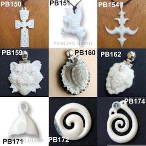 May include: A collection of nine bone pendants, each with a unique design. The pendants include a cross, a winged horse, a stylized design, a cat face, a turtle, a whale tail, and two spiral designs. The pendants are all made of white bone and have a polished finish.