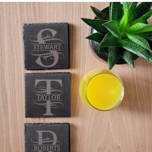 Monogram Coasters, Custom Engraved Slate Coasters, Party Favors, Wedding Gifts, Personalized Monogram Design