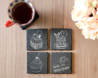 Dessert Coasters, Cake Coasters, Custom Engraved Slate Coasters (Set of 4), Party Favors, Wedding Gifts, Personalized Monogram Design