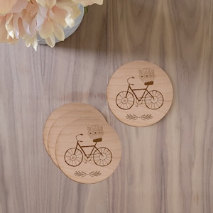 Bicycle Gift, Bike Coasters, Custom Engraved plywood Coasters (Set of 4), Party Favors, Wedding Gifts, Flower coasters