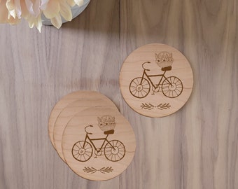 Cykelpresent, Cykelunderlägg, Specialgraverade plywoodunderlägg (set om 4), Festgåvor, Bröllopspresenter, Blomsterunderlägg