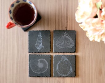 Seashell coasters, engraved seashell, Custom Engraved Slate Coasters (Set of 4), Party Favors, Wedding Gifts, Personalized Monogram Design