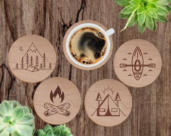 Camping Coasters, Outdoors Coasters, Camper Gift, Hiking Gift, Custom Engraved plywood Coasters (Set of 4), Housewarming Gift, Canoeing Gift