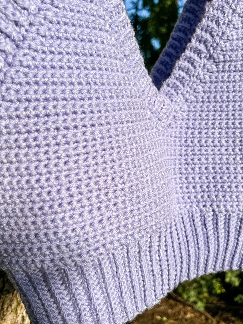 White and Pink Knitted Crochet Crop Top with Purple Trousers