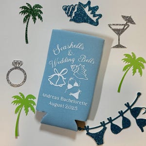 SEASHELLS & WEDDING BELLS | Personalized Bachelorette Slim Can Koozie