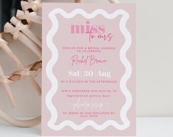 Pink Modern Bridal Shower Invitation Wavy Invitation Hot Pink Squiggly Border Bridal Shower Invite Bridal Shower From Miss to Mrs Template