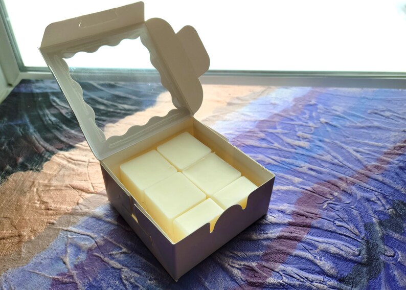 K&ouml;nnte beinhalten: Eine wei&szlig;e Box mit einem durchsichtigen Deckel, die neun wei&szlig;e Wachsschmelzen enth&auml;lt. Die Box ist ge&ouml;ffnet und die Wachsschmelzen sind im Inneren sichtbar.