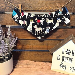 Dog Bandana / Tie On Dog Bandana with Cute Dogs / Paw Prints Pet Bandana / Reversible dog scarf / Pet Gift / 10% helps rescue pups / Medium