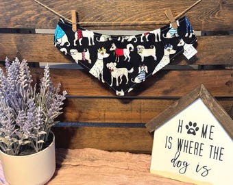 Reversible Dog Bandana • Dog Breed Print Scarf • Paw Print Dog Bandana • Road Trip Dog Outfit • Tie On Pet Bandana • 10% Helps Rescue Pups