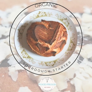 May include: A round loaf of sourdough bread on a floral patterned plate. The bread has a dark, crusty exterior. The plate is encircled by a black ring with the words "ORGANIC" and "SOURDOUGH STARTER". The image has a light brown background.