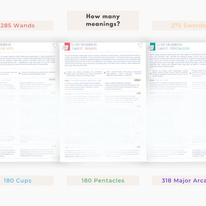 May include: A chart with the number of meanings for each suit of tarot cards: 285 Wands, 275 Swords, 180 Cups, 180 Pentacles, and 318 Major Arcana.