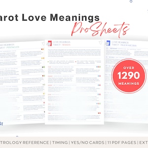 May include: Three pages of tarot card meanings for love readings. The pages are titled "Love Meanings Tarot Pentacles", "Love Meanings Tarot Wands", and "Love Meanings Tarot Major Arcana". A red circle with the text "Over 1290 Meanings" is in the bottom right corner of the image. The text "Astrology Reference | Timing | Yes/No Cards | 11 PDF Pages | Extra" is at the bottom of the image.