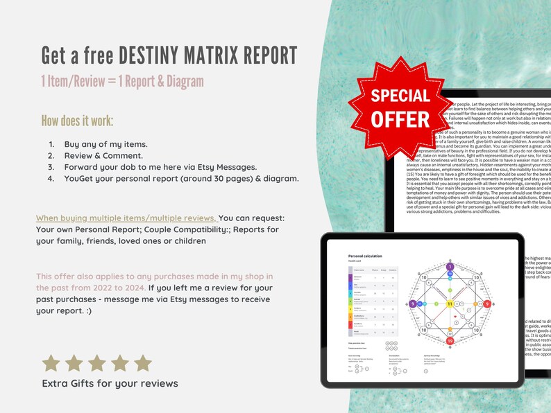 May include: A digital illustration of a red starburst with the text "SPECIAL OFFER" in white. The image is set against a light blue background. The text "Get a free DESTINY MATRIX REPORT" is in black text on a white background. The text "1 Item/Review = 1 Report & Diagram" is in black text on a white background. The text "How does it work:" is in black text on a white background. The text "1. Buy any of my items." is in black text on a white background. The text "2. Review & Comment." is in black text on a white background. The text "3. Forward your dob to me here via Etsy Messages." is in black text on a white background. The text "4. YouGet your personal report (around 30 pages) & diagram." is in black text on a white background. The text "When buying multiple items/multiple reviews. You can request:" is in black text on a white background. The text "Your own Personal Report; Couple Compatibility:; Reports for your family, friends, loved ones or children" is in black text on a white background. The text "This offer also applies to any purchases made in my shop in the past from 2022 to 2024. If you left me a review for your past purchases - message me via Etsy messages to receive your report. :)" is in black text on a white background. The text "Extra Gifts for your reviews" is in black text on a white background. Five gold stars are displayed below the text. A digital illustration of a computer screen with a chart and a diagram is displayed on the right side of the image.