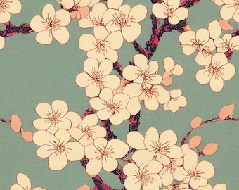 Impressão digital de flor de cerejeira: estilo de tapeçaria com arte repetida