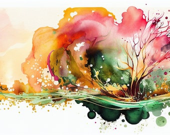 Impressão digital abstrata: paisagem em estilo aquarela