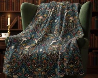 Manta botánica Dark Academia / Manta de terciopelo verde esmeralda melancólico / Regalo de decoración gótica para el hogar