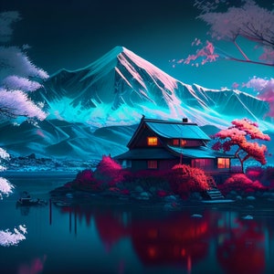 Illuminate Your Space with a Neon Japanese Landscape Digital Print!