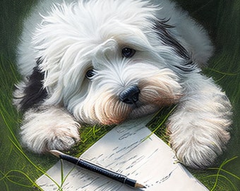 Impressão de pintura a óleo de um cachorro branco – Retrato de um animal de estimação fofo e brincalhão (Download digital)