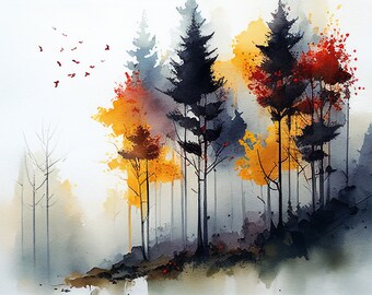 Impressão digital em aquarela de floresta: ilumine seu espaço!