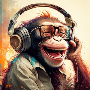 Peut inclure: Une illustration de singe de dessin animé portant un casque et des lunettes, riant la bouche ouverte. Le singe porte une chemise marron clair et a une fourrure brune. L'arrière-plan est un motif abstrait coloré.