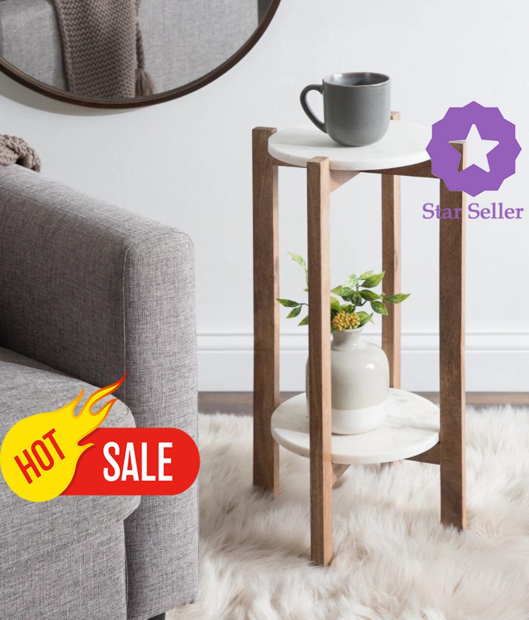 Round Marble Plant Table Wood Plant Flower Stand Pots Etsy