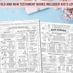 May include: Two black and white printable activity sheets featuring Bible book overviews for Ephesians and 2 Timothy. The pages include illustrated sections for book facts, spiritual adventure guides, kid-size to-do lists, and thematic lessons.