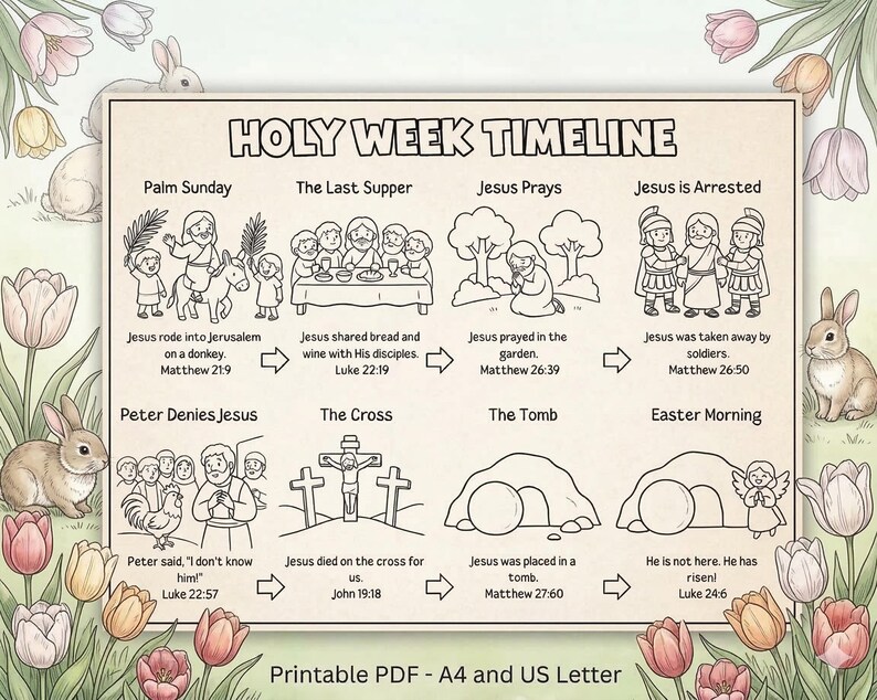 Holy Week Timeline Coloring Page, 2 FREE Pages, Easter Bible Countdown