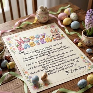 May include: A festive Easter scene with a letter that says "Hoppy Easter" surrounded by decorated eggs, a bunny figurine, and a potted hyacinth. The letter has a floral border and a cartoon bunny illustration.