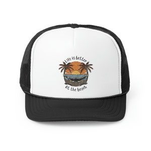Life Is Better At The Beach Cap, Beach Cap, Summer Travel Cap, Summer Gift Cap, Hammock and Palm Trees, Funny Cap, Travel Gift Cap