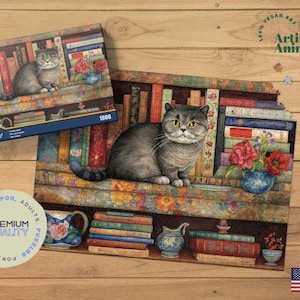 Scottish Fold Jigsaw Puzzle, Cat Puzzle, Cat on a Bookshelf, Cat Art, Animal Puzzles, Cat Lover Gift, Puzzles for Adults, Adult Puzzles,