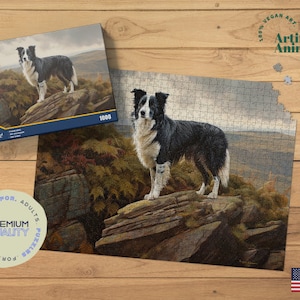 May include: A jigsaw puzzle featuring a black and white Border Collie standing on a rocky outcrop, with a matching puzzle box. The box reads "1000" and "Artificial Animals". The puzzle is labeled "Premium Quality" and "Puzzles for Adults".