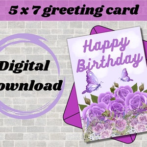 Happy Birthday Card | 5x7 greeting card | Instant download Birthday card | butterfly and roses printable birthday card | Digital download