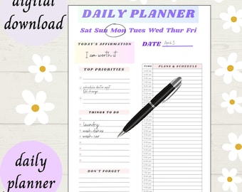 Planificador diario / descarga digital / lista de tareas imprimible / imprimir en casa / página del planificador diario / descarga digital planificador diario / organizador
