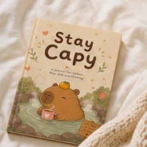 May include: A hardcover journal with a cream-colored cover featuring the text Stay Capy and a subtitle a journal for calmer days and overthinking. The illustration shows a brown capybara in a hot spring holding a pink mug with a small orange on its head.