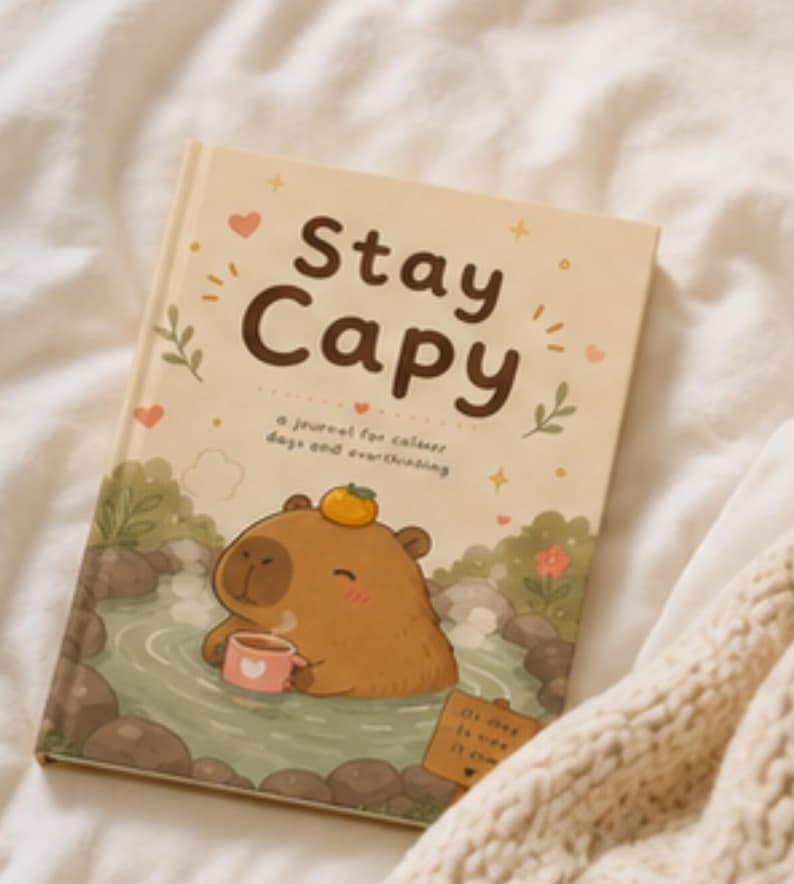 May include: A hardcover journal with a cream-colored cover featuring the text Stay Capy and a subtitle a journal for calmer days and overthinking. The illustration shows a brown capybara in a hot spring holding a pink mug with a small orange on its head.
