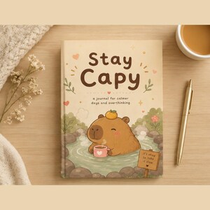 May include: A cream-colored journal titled Stay Capy: a journal for calmer days and overthinking. The cover features a brown capybara in a hot spring with an orange on its head, holding a pink mug, with a sign reading it's okay to take it slow.