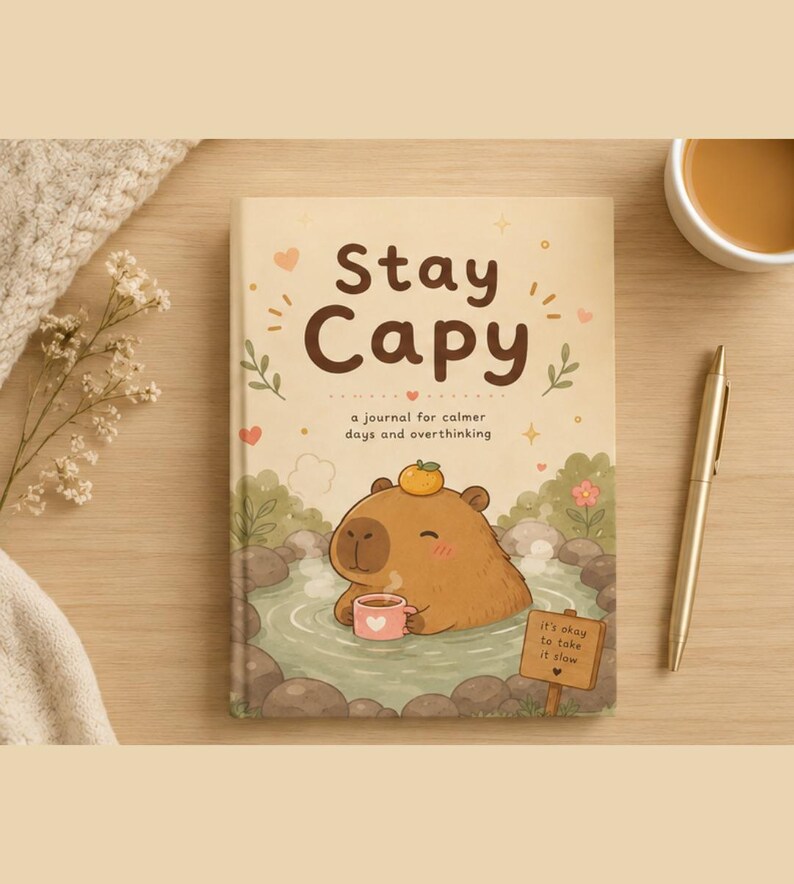 May include: A cream-colored journal titled Stay Capy: a journal for calmer days and overthinking. The cover features a brown capybara in a hot spring with an orange on its head, holding a pink mug, with a sign reading it's okay to take it slow.