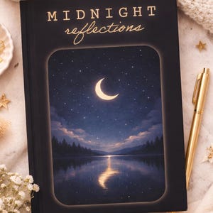 May include: A black journal titled "MIDNIGHT reflections" with a landscape illustration of a crescent moon over a lake. A gold pen rests on the right side of the journal, with decorative stars and flowers surrounding the journal.