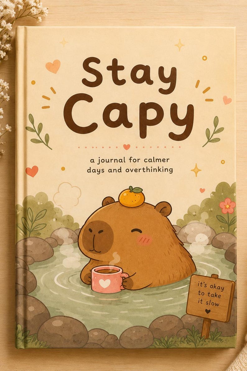 May include: A hardcover journal with a cream-colored cover featuring the text Stay Capy a journal for calmer days and overthinking. The illustration shows a brown capybara in a hot spring with an orange on its head, holding a pink mug.