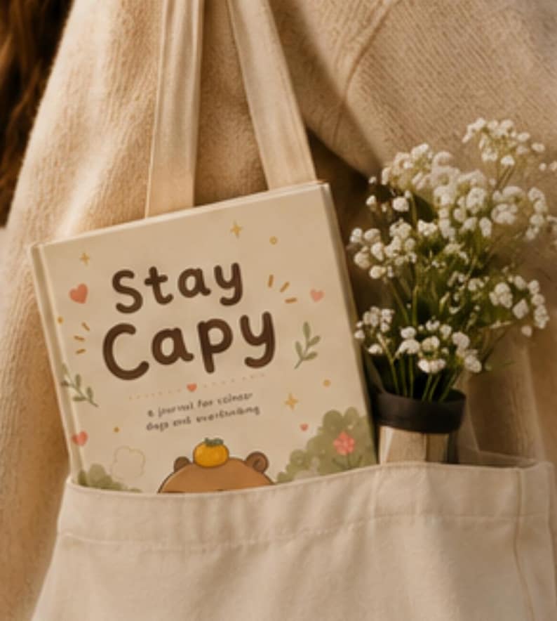 May include: A cream-colored hardcover journal with the text Stay Capy and a small illustration of a capybara with an orange on its head. The journal is tucked inside a beige canvas tote bag alongside a small bouquet of white baby's breath flowers.