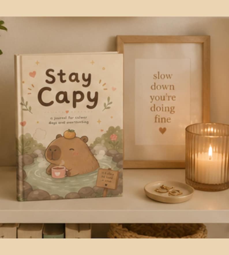 May include: A hardcover journal titled Stay Capy with a cream-colored cover featuring an illustration of a capybara in a hot spring, holding a mug with a small orange on its head, surrounded by small hearts, stars, and green leaf accents.