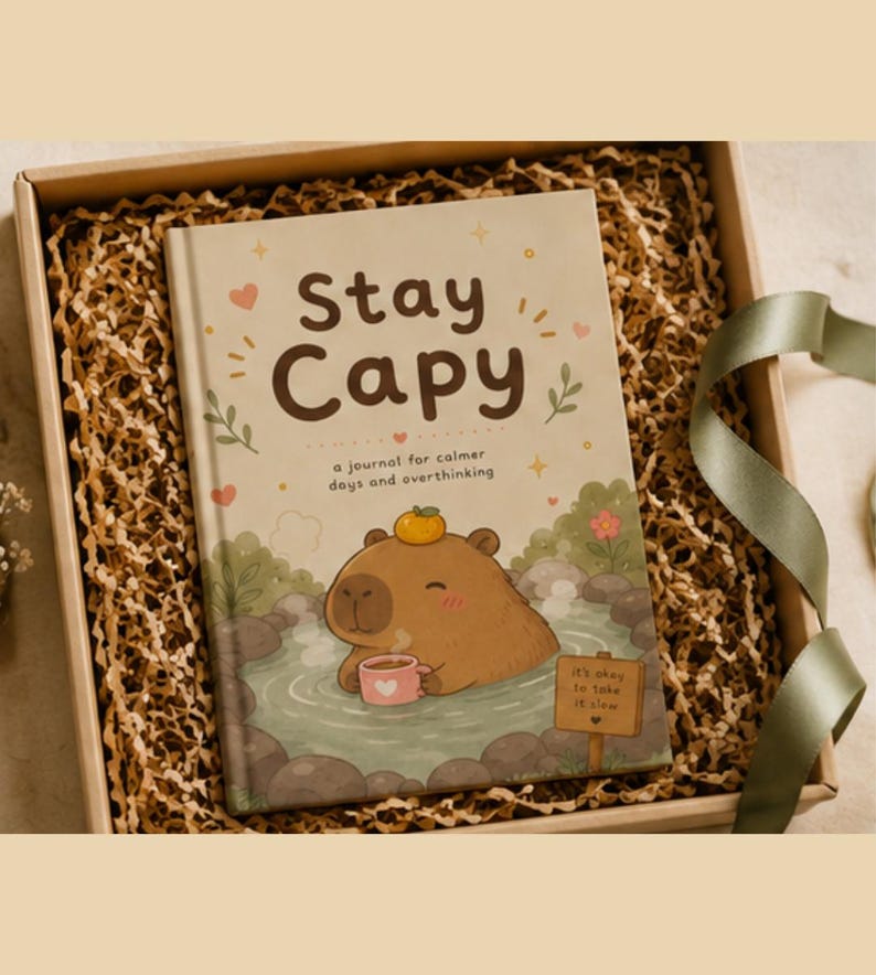 May include: A hardcover journal titled Stay Capy: a journal for calmer days and overthinking. The cover features a brown capybara in a hot spring with a small orange on its head, holding a pink mug, with a sign reading it's okay to take it slow.