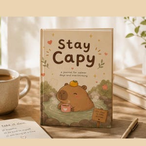 May include: A hardcover journal with a cream-colored cover featuring the text Stay Capy, a journal for calmer days and overthinking. The illustration shows a brown capybara in a hot spring with a small orange on its head and a pink mug.