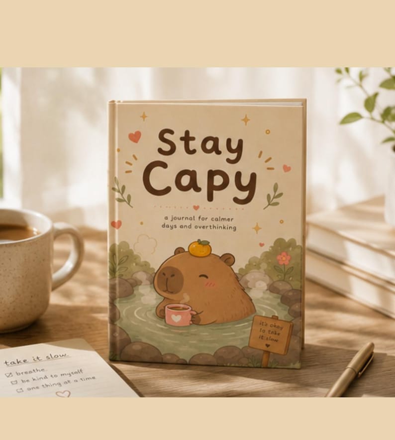 May include: A hardcover journal with a cream-colored cover featuring the text Stay Capy, a journal for calmer days and overthinking. The illustration shows a brown capybara in a hot spring with a small orange on its head and a pink mug.