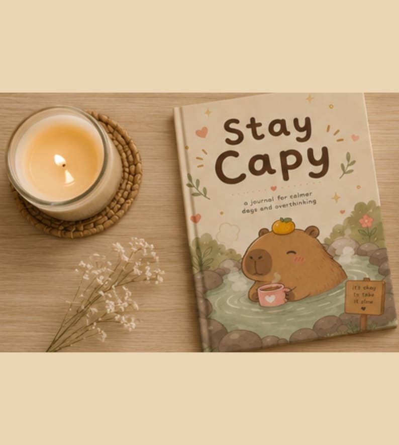 May include: A hardcover journal titled Stay Capy with a brown capybara illustration in a hot spring, holding a pink mug with a heart. The cover features text reading Stay Capy, a journal for calmer days and overthinking, and It's okay to take it slow.