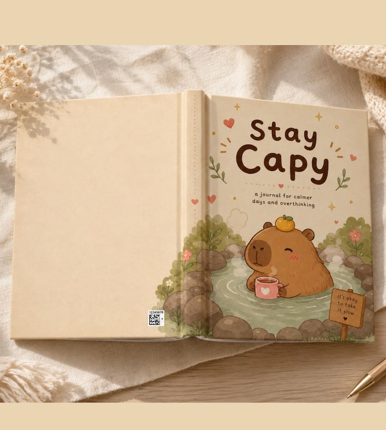 May include: A beige journal titled Stay Capy, a journal for calmer days and overthinking. The cover features a brown capybara with an orange on its head, sitting in a hot spring holding a pink mug. A sign reads it's okay to take it slow.
