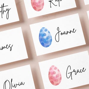 Tarjetas de lugar de Pascua editables, tarjetas de nombre imprimibles en rosa y azul para brunch, almuerzo y cena de Pascua, tarjetas personalizadas para sentarse con huevos de Pascua, EA24